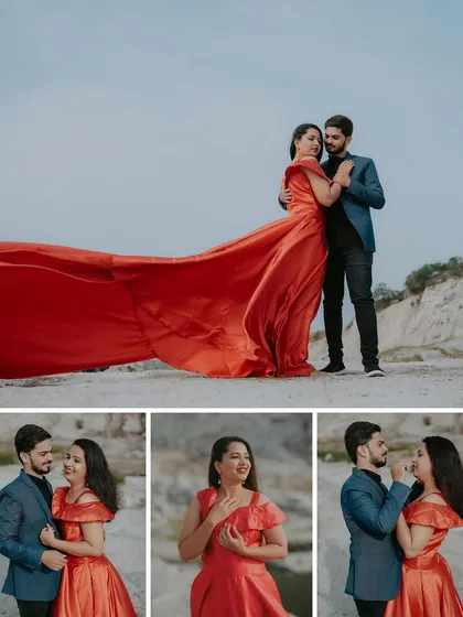 A collage that tells the story of a dramatic quarry shoot. It includes a stunning wide shot with the flowing dress, as well as candid close-ups of the couple's smiles and loving glances.