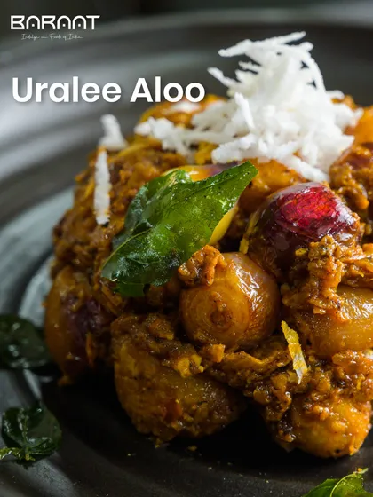 My Uralee Aloo is a delicious South Indian potato preparation, with baby onions and a garnish of fresh coconut.