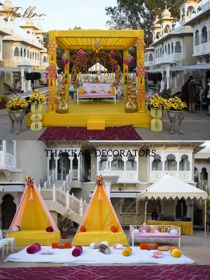 This image compares two different setups for a Haldi event. One is a raised mandap with a swing, and the other is a low, baithak-style seating arrangement, showcasing my versatility in creating different vibes.