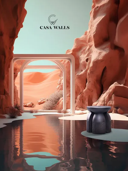 This image is a conceptual rendering showing our sculptural accent table in a surreal, natural landscape. It highlights the artistic and organic form of the piece, envisioning it as a functional sculpture that can stand alone in any environment.
