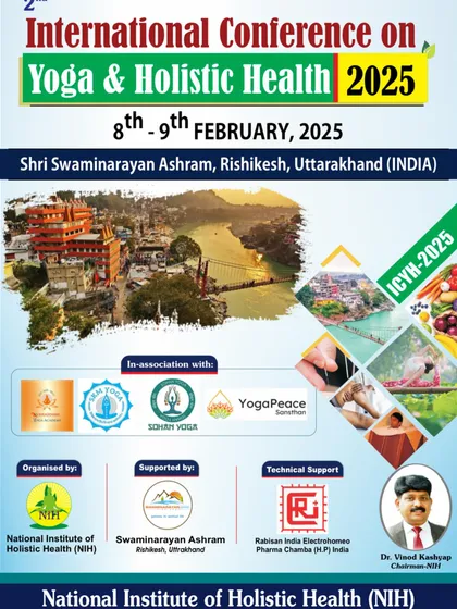 This poster for the International Conference on Yoga & Holistic Health highlights the collaboration between various organizations to promote a scientific approach to yoga and wellness.