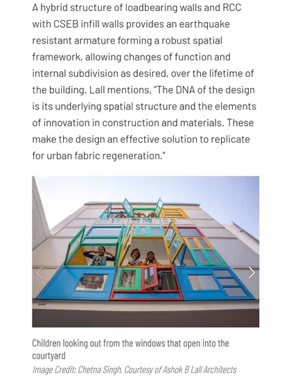 This image from the article shows children looking out from colorful windows into the courtyard. The building's hybrid structure is designed to be robust and adaptable, allowing for changes in function over its lifetime.