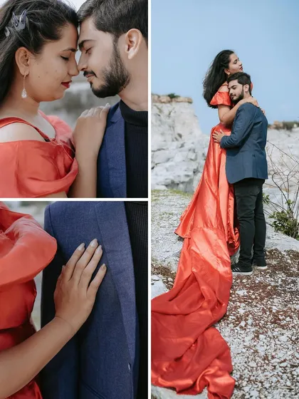 A collage showcasing the drama and romance of a quarry photoshoot. The bride's long, flowing red dress creates a stunning contrast against the pale rocks, while the close-ups capture their intimate connection.