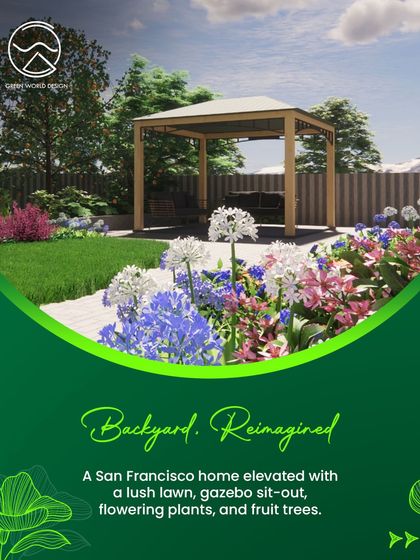 A 3D render of our San Francisco residential project, showcasing a reimagined backyard. The design includes a lush lawn, a gazebo for seating, flowering plants, and fruit trees, all planned for beauty and usability.