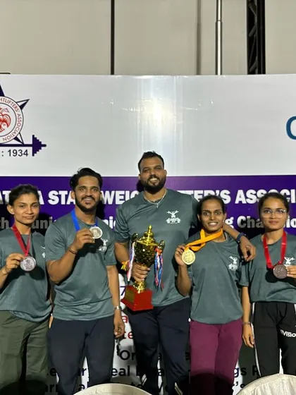 Our team from the Karnataka State Weightlifting Championships in 2023. I am proud to coach and stand with these dedicated athletes who consistently perform at a high level.