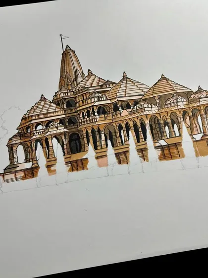A work-in-progress shot of the Ram Mandir illustration. Here you can see the initial color blocking with brush markers, laying the foundation for the detailed work.