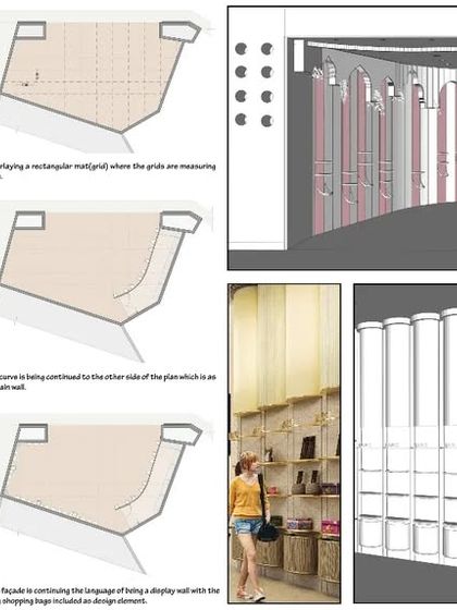 Key plans showing the development of the curved display walls and the integration of storage within the heritage-inspired design.
