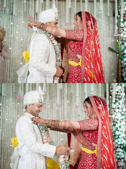The playful and joyous Varmala ceremony. This collage captures the fun and laughter as the couple exchanges garlands.