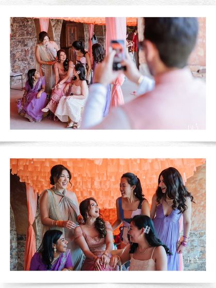 A collage of the bride and her friends laughing and taking photos together during the Mehendi.