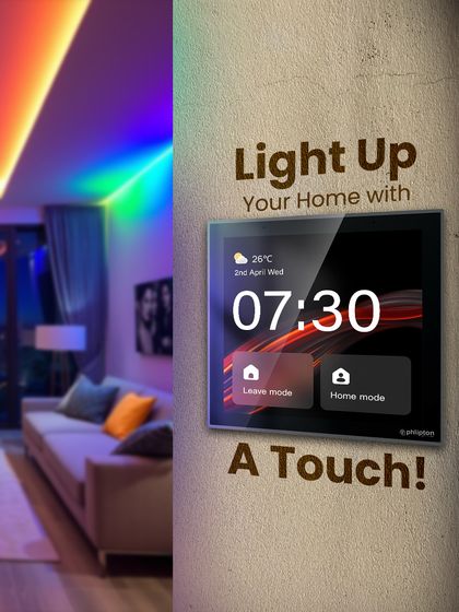 Light up your home with a touch. This central control panel not only manages your lighting but also displays the time and temperature, acting as a smart hub on your wall.