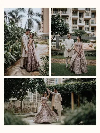 A collage of three beautiful moments from an engagement shoot in a park. It shows a variety of poses, from classic portraits to a playful dance, capturing the couple's dynamic.