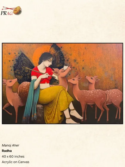 A tranquil painting of Radha with her deer by Manoj Aher, her serene expression and the gentle animals creating an atmosphere of peace and harmony with nature.