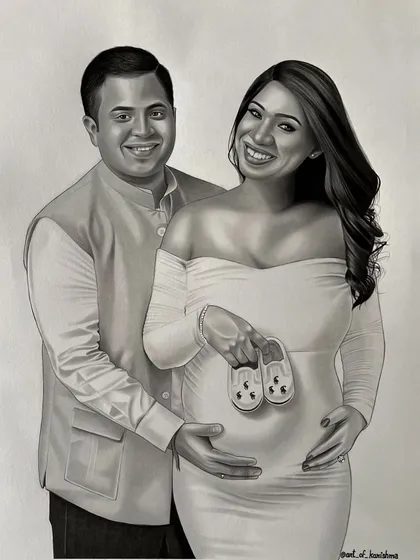 The finished A3 charcoal sketch of the expecting couple, ready to be sent to its new home. It took three days to complete this smooth and detailed piece.
