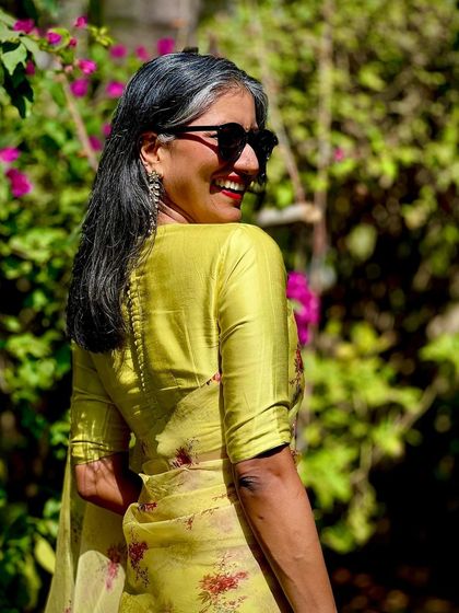 A happy, sunny moment. My philosophy is that you should feel joyful and radiant in what you wear, and this saree definitely does the trick.
