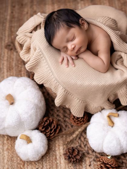 A cozy, autumn-themed newborn shoot with soft pumpkins and pinecones.