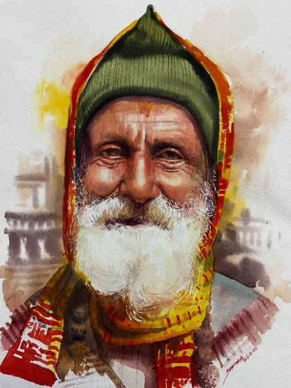 A smiling face can light up a painting. For this custom watercolor portrait, I used warm tones and soft edges to capture the subject's joyful expression and the texture of his beard and scarf.