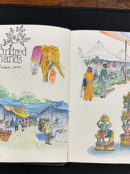 A watercolour sketchbook spread capturing various scenes from the festival, from the stalls to the Kondapalli toys.