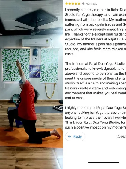 This review from a client's daughter shows the impact of yoga therapy on her mother's back pain and sciatica. It highlights how a personalized, professional, and welcoming environment can lead to significant pain reduction and relaxation.
