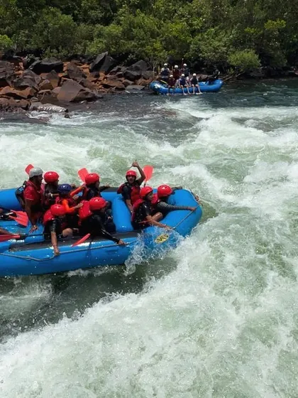 Participants enjoy the thrill of the rapids on the Kali River, a highlight of our Dandeli summer camp for students.