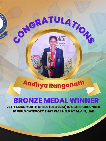 Another huge win for Aadya Ranganath, securing a BRONZE medal in the 25th Asian Youth Chess classical event in Al Ain, UAE. Her talent shines on the international stage.
