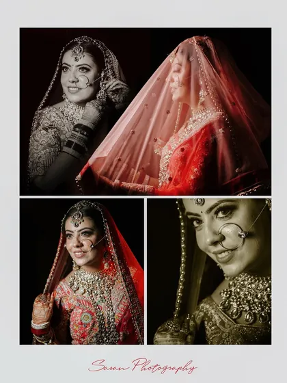 A four-photo collage of the bride, showcasing her expressions in a mix of color and monochrome portraits.
