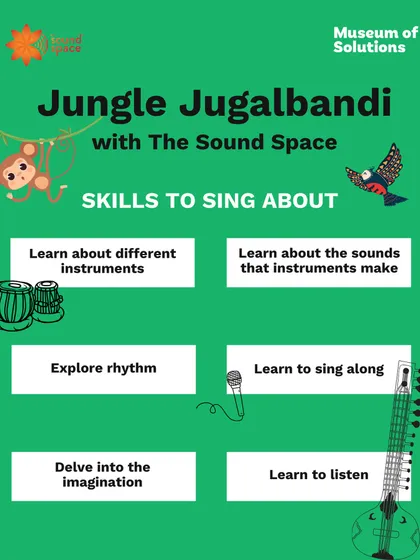 This poster for our 'Jungle Jugalbandi' workshop outlines the key skills children develop, such as learning about instruments, exploring rhythm, singing along, and improving their listening skills.