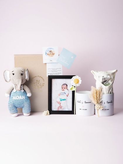 The complete gift set for baby Noah, including the personalized crochet toy, framed photo, and custom mugs for his grandparents.