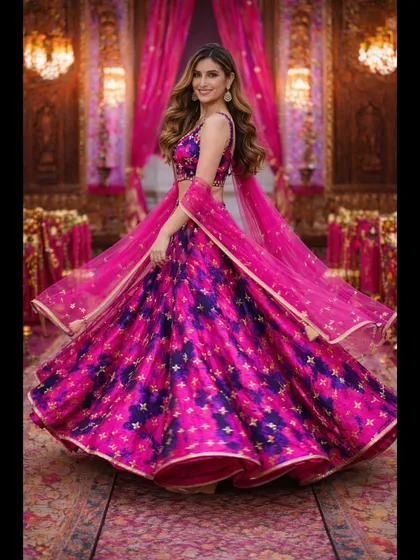 Feel the energy in this vibrant pink and purple lehenga, perfect for a sangeet or mehendi night. The full, flowy skirt is made for dancing, and the unique color combination with sparkling details will make you the center of attention.