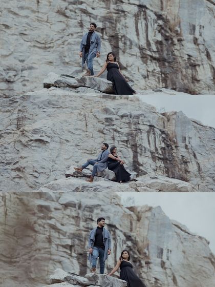 A collage of a couple's pre-wedding shoot against a dramatic quarry backdrop, highlighting their connection.