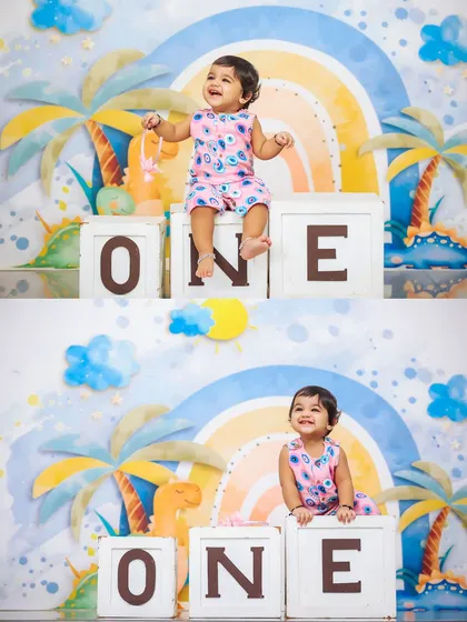 Pure joy and excitement for turning one. This collage shows the birthday girl's delightful expressions during her dinosaur-themed first birthday photoshoot.