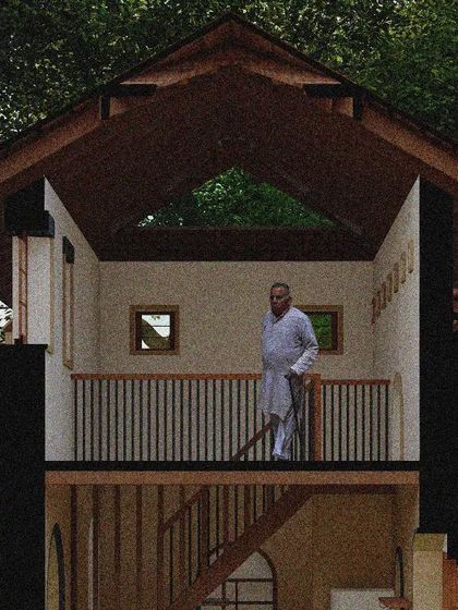 This rendered cross-section reveals the attic space in the Doddaballapura mud house. This 'atta' provides an elevated vantage point to enjoy views of the farm, adding a functional loft space within the roof's volume.