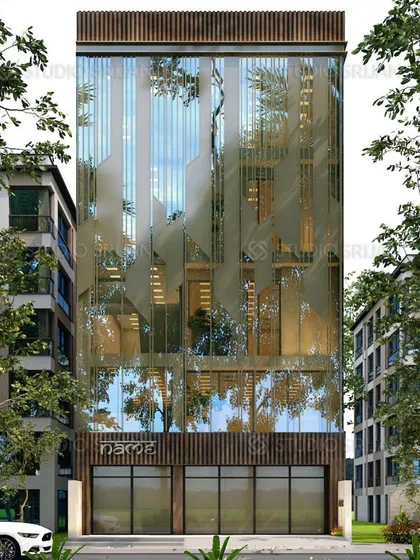 The 3D render for the Tagore Garden commercial project. This visualization shows the intended design of the patterned glass facade, which was then executed precisely as seen in the final photos.