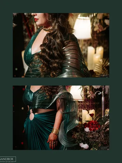 A series of portraits showcasing the bride's elegant and modern reception look, highlighting the details of her designer saree.