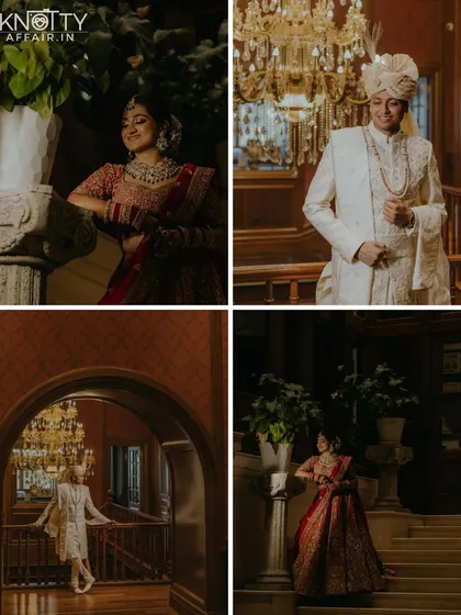 This set of four portraits captures the bride and groom separately and together within a grand, heritage venue. The warm lighting and classic architecture add a timeless, royal feel to their wedding photos.