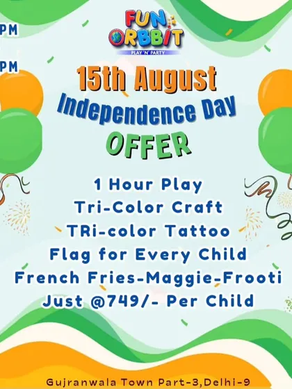 Our official offer poster for the Independence Day celebration, detailing the fun-filled package including playtime, crafts, a flag for every child, and delicious snacks.