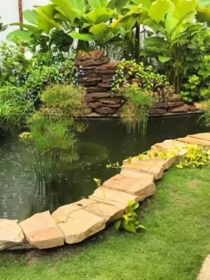 A custom-designed water body for a Total Environment project. The natural stone border and aquatic plants create a self-sustaining ecosystem that acts as the serene focal point of the garden.