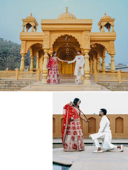 A mix of playful and regal poses against a stunning golden architectural backdrop, showing the couple's dynamic and the versatility of traditional photoshoots.