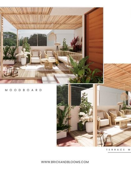 A mood board for a terrace makeover with a "tropical calm" theme. The design features a light-colored pergola with a bamboo roof, paired with cane furniture and a raised wooden deck.