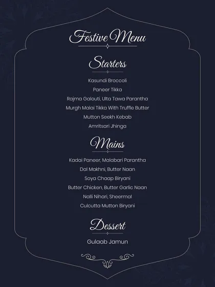 This is a sample of my festive menu, featuring starters, mains, and desserts to make your gathering unforgettable.
