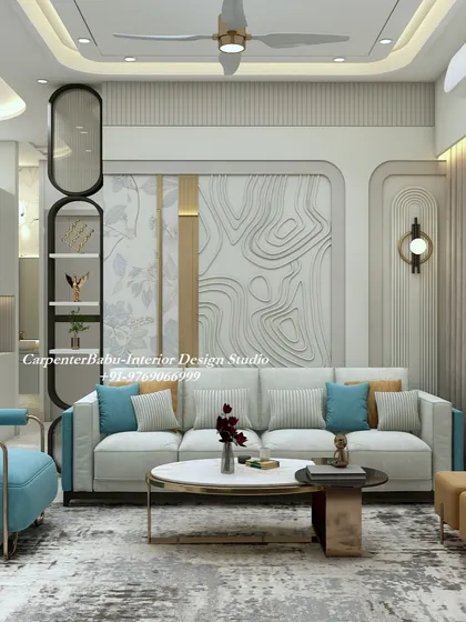 This living room sofa is set against a feature wall with a 3D topographic design. The mix of a white sofa with blue and mustard cushions creates a balanced and inviting color scheme.