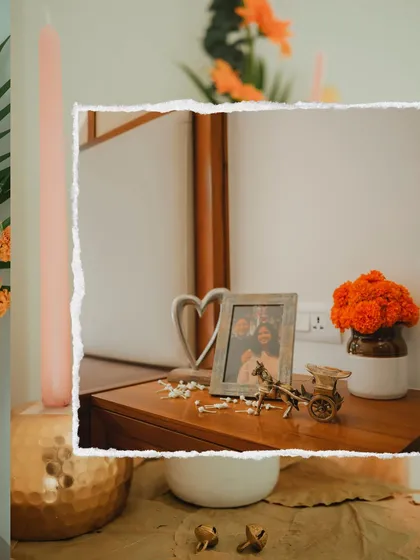 A collage of close-up details from the housewarming decor, highlighting the personal and artistic touches.