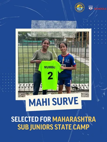 A proud moment for player Mahi Surve, seen here holding her Mumbai team jersey after being selected for the Maharashtra Sub Juniors State Camp. This is a key step in her development pathway.
