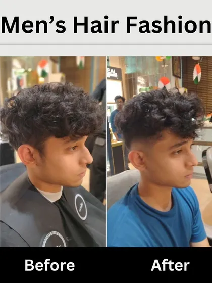 A before-and-after collage of a men's haircut. We transformed unruly curls into a neat, stylish cut with a clean fade.