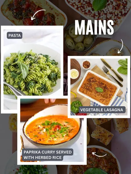 The Italian mains are all about comfort, featuring fresh pesto pasta, rich vegetable lasagna, and a unique paprika curry with herbed rice.