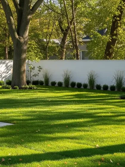 A tranquil garden scene with a wide lawn, mature trees, and simple border plantings. The shadows from the trees add texture and coolness to the open space.