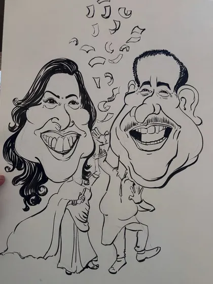 Here is the black and white version of the dancing couple. At this stage, it's all about capturing their joyful expressions and the energy of their movement with bold lines.