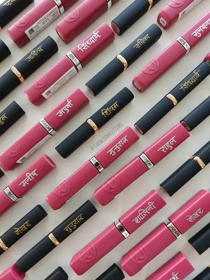 A sea of personalized lipsticks. This image shows just a fraction of the 500+ L'Oréal lipsticks I engraved for a special brand mailer, each one with a unique name in beautiful Devanagari script.