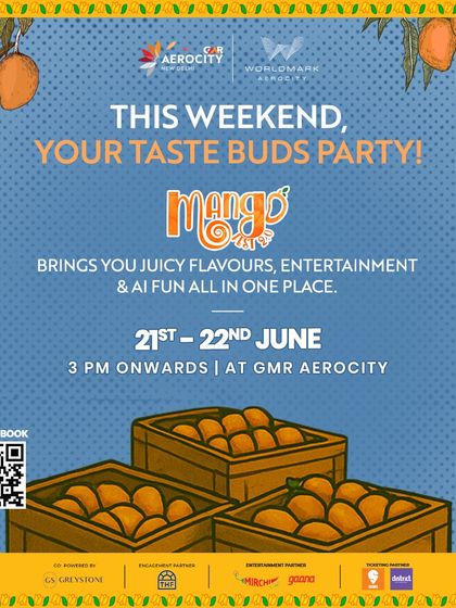 "This weekend, your taste buds party!" A playful invitation to the Mango Fest, promising juicy flavours and entertainment. The QR code allows for easy booking to join the mango-mania.