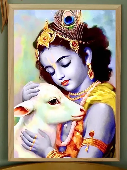 This piece shows the gentle and compassionate nature of Krishna as Gopal, the protector of cows. I painted this to evoke a feeling of tenderness and serenity, perfect for creating a peaceful and spiritual atmosphere in your home.
