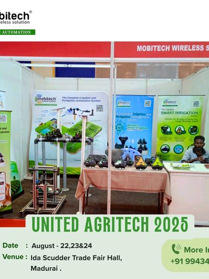 Our stall at the United Agritech 2025 expo in Madurai, where we showcased our latest smart irrigation solutions.